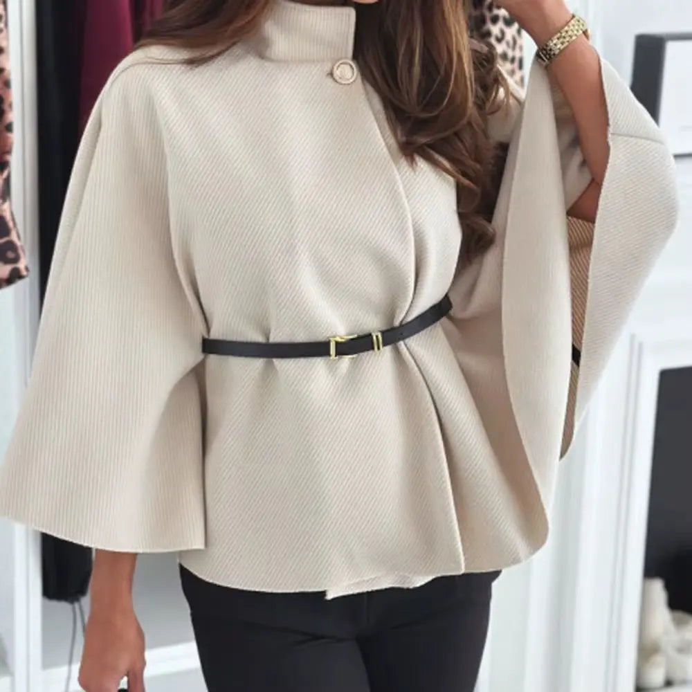 Automn O-Neck one Botton Woolen Cloak Casual Jacket Women Solid Batwing Long Flare Sleeves Coats Outwear. RosyasT