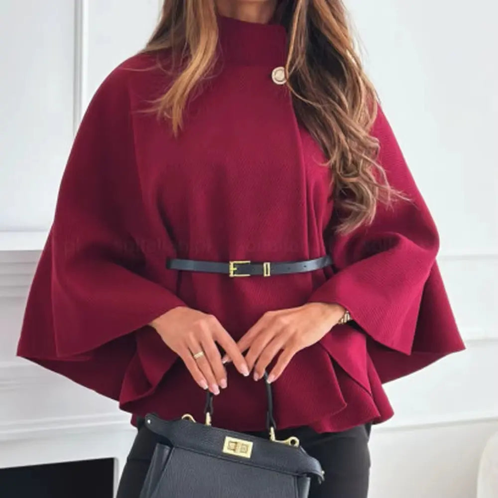 Automn O-Neck one Botton Woolen Cloak Casual Jacket Women Solid Batwing Long Flare Sleeves Coats Outwear. RosyasT