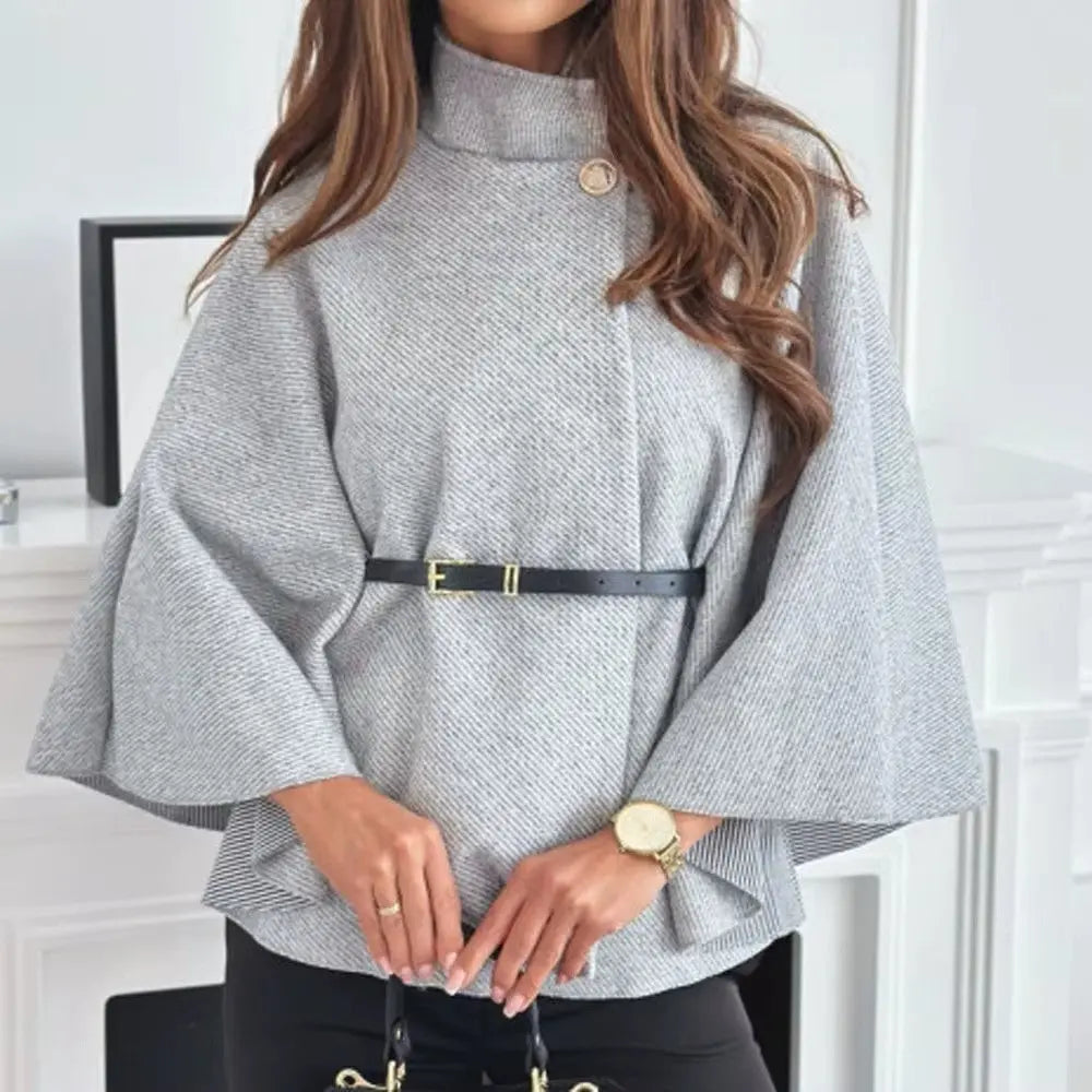 Women's jackets Autumn O-Neck one Botton Woolen Cloak Casual Solid Batwing Long Flare Sleeves Outwear RosyasT