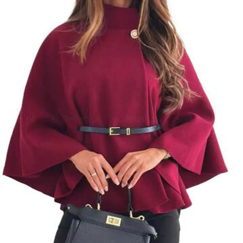 Women's jackets Autumn O-Neck one Botton Woolen Cloak Casual Solid Batwing Long Flare Sleeves Outwear RosyasT