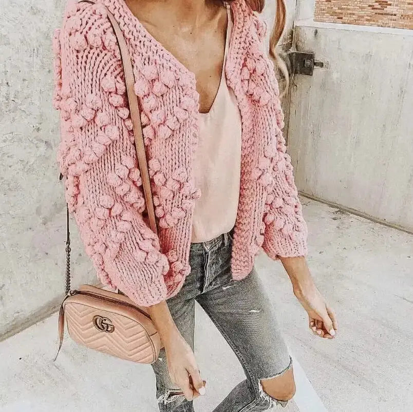 Sweet Hollow out Hole 3D Ball Sweater Vintage Woman O neck Long sleeve Knit Loose Knitwear Cardigan Jumper Femme kledin RosyasT