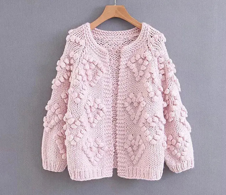 Sweet Hollow out Hole 3D Ball Sweater Vintage Woman O neck Long sleeve Knit Loose Knitwear Cardigan Jumper Femme kledin RosyasT