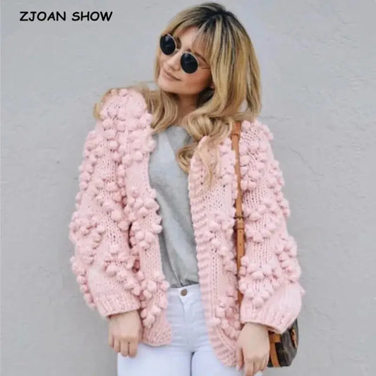 Sweet Hollow out Hole 3D Ball Sweater Vintage Woman O neck Long sleeve Knit Loose Knitwear Cardigan Jumper Femme kledin RosyasT