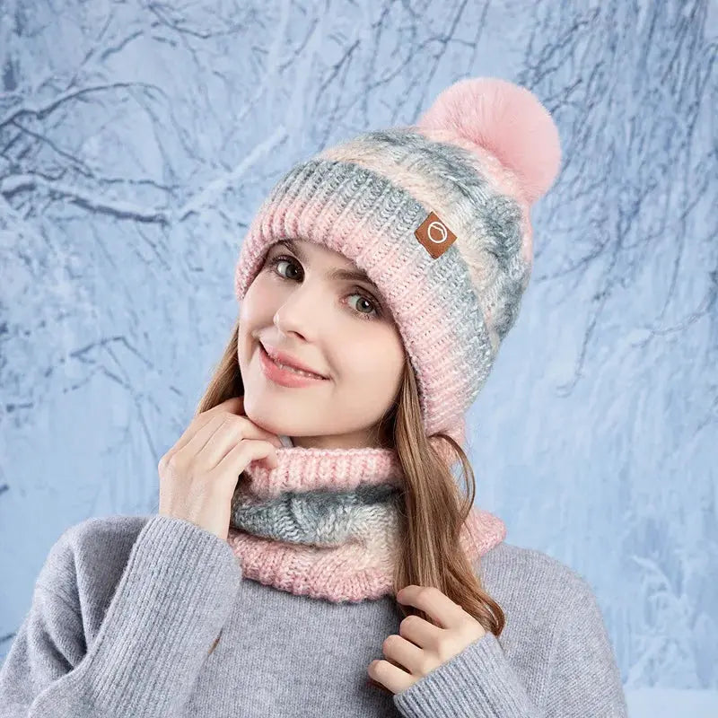 Winter Lady Warm Hat Scarf Two-piece Set Fleece Thickened Gradual Change Color Knitted Skiing Hat Fashion Pullover Hat for Women RosyasT