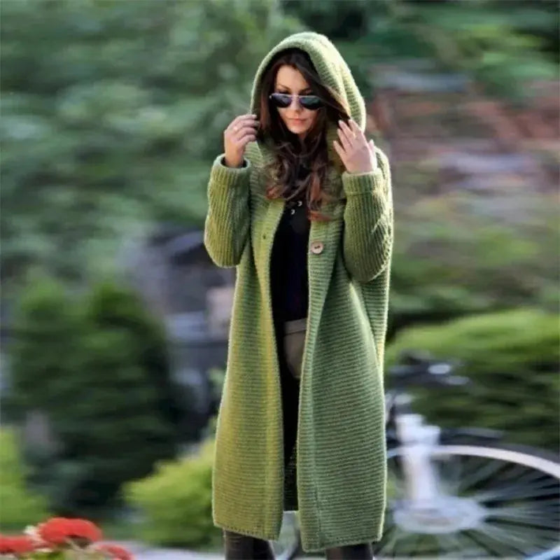 Autumn and Winter New Cardigan Long-sleeved Wool Solid Colour Knitted Long Top Jacket Woman RosyasT