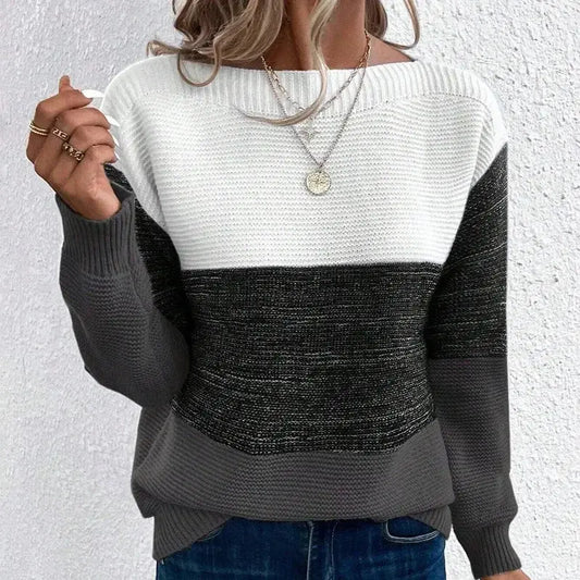 Women's Contrast Color Long Sleeve Round Neck Sweaters Female Stitching 2024 Fall Jumpers Lady Casual Warm Comfortable Pullover RosyasT