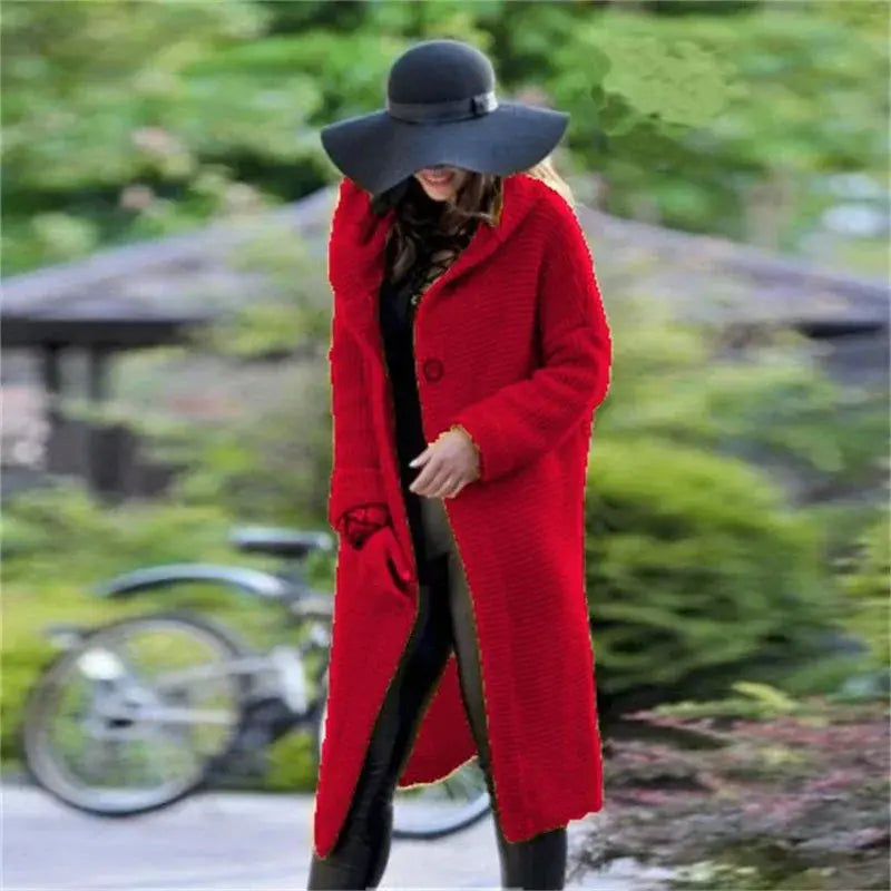 Autumn and Winter New Cardigan Long-sleeved Wool Solid Colour Knitted Long Top Jacket Woman RosyasT