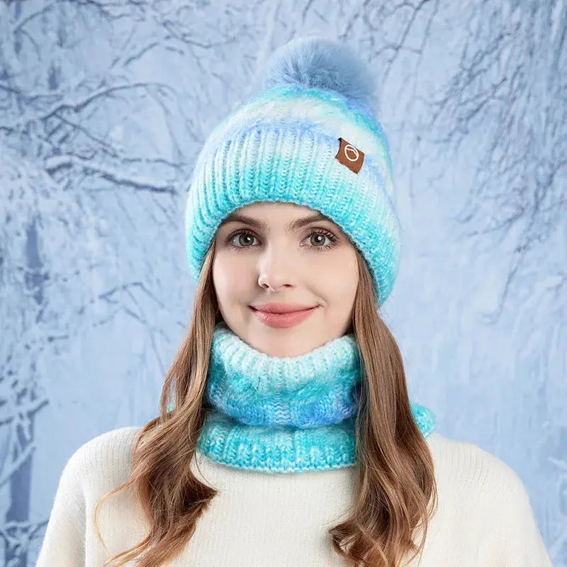 Winter Lady Warm Hat Scarf Two-piece Set Fleece Thickened Gradual Change Color Knitted Skiing Hat Fashion Pullover Hat for Women RosyasT