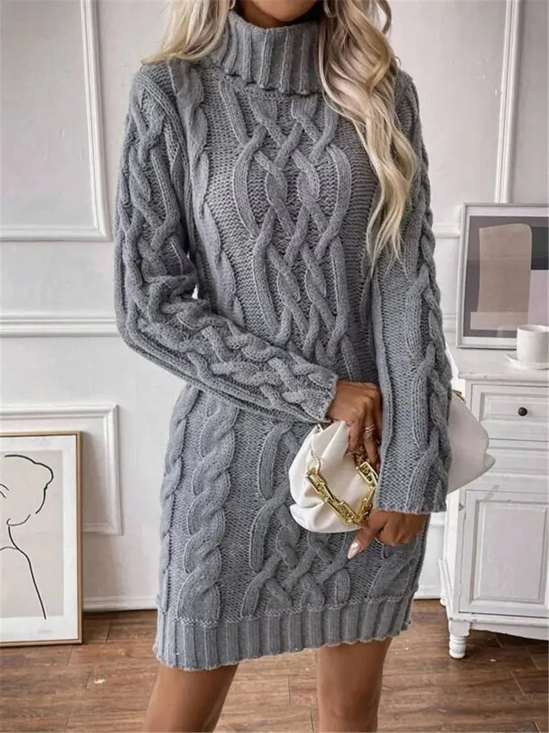 Women's Sweater Dress Autumn Winter New Slim Knit Dress Turtleneck Cable Pattern Long Sleeve Knitted Gown Dress RosyasT
