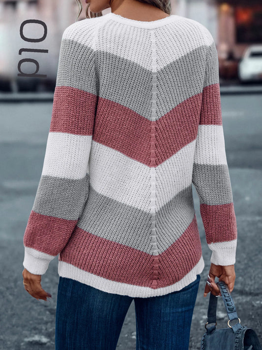 New women's casual sweater Off-the-shoulder Color Blocking Round Neck