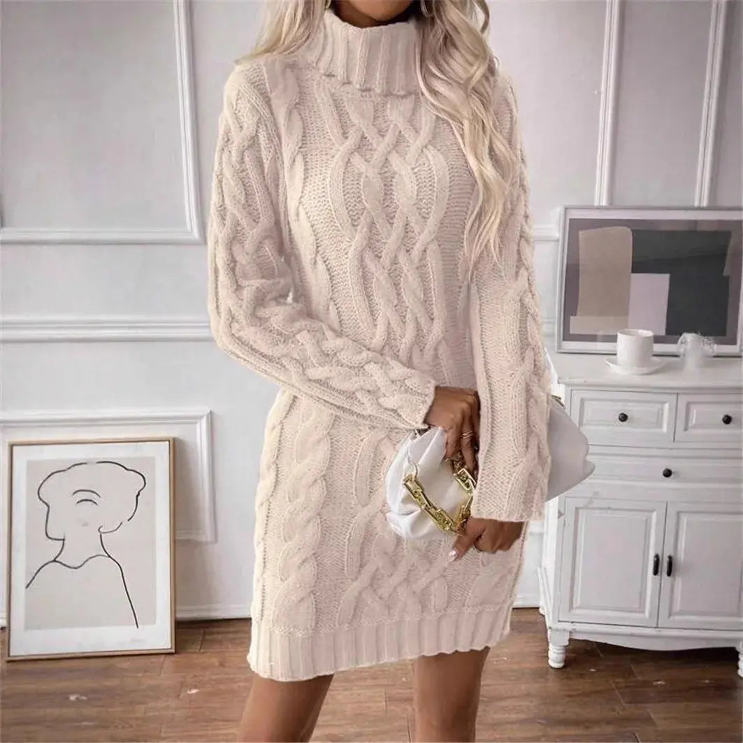Women's Sweater Dress Autumn Winter New Slim Knit Dress Turtleneck Cable Pattern Long Sleeve Knitted Gown Dress RosyasT