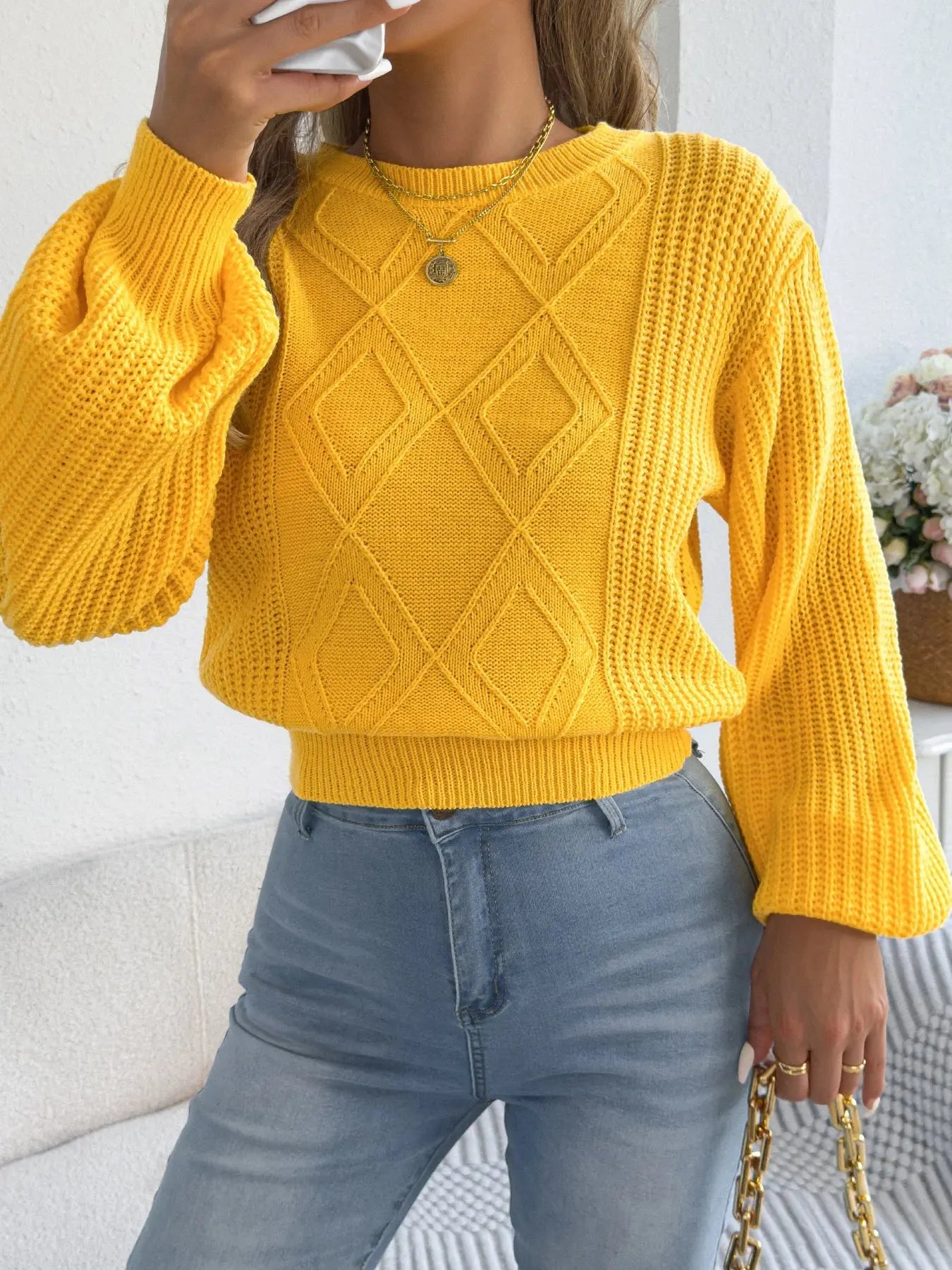 Women's Solid Color Round Neck Lantern Long Sleeve Knitted Sweaters for 2025 Autumn Winter Clothes Yellow Red Khaki RosyasT