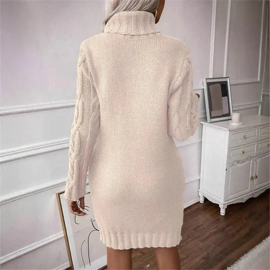 Women's Sweater Dress Autumn Winter New Slim Knit Dress Turtleneck Cable Pattern Long Sleeve Knitted Gown Dress RosyasT