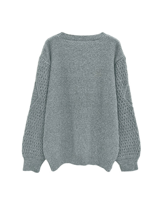 Back view of women's round neck pullover sweater with loose lantern sleeves in soft gray knit.