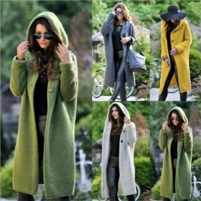 Autumn and Winter New Cardigan Long-sleeved Wool Solid Colour Knitted Long Top Jacket Woman RosyasT