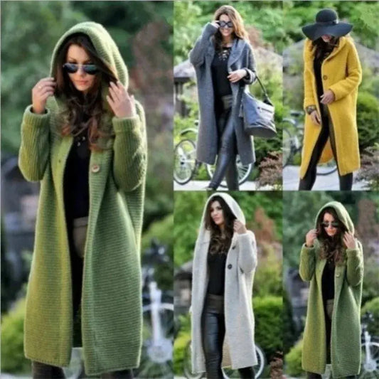 Autumn and Winter New Cardigan Long-sleeved Wool Solid Colour Knitted Long Top Jacket Woman RosyasT