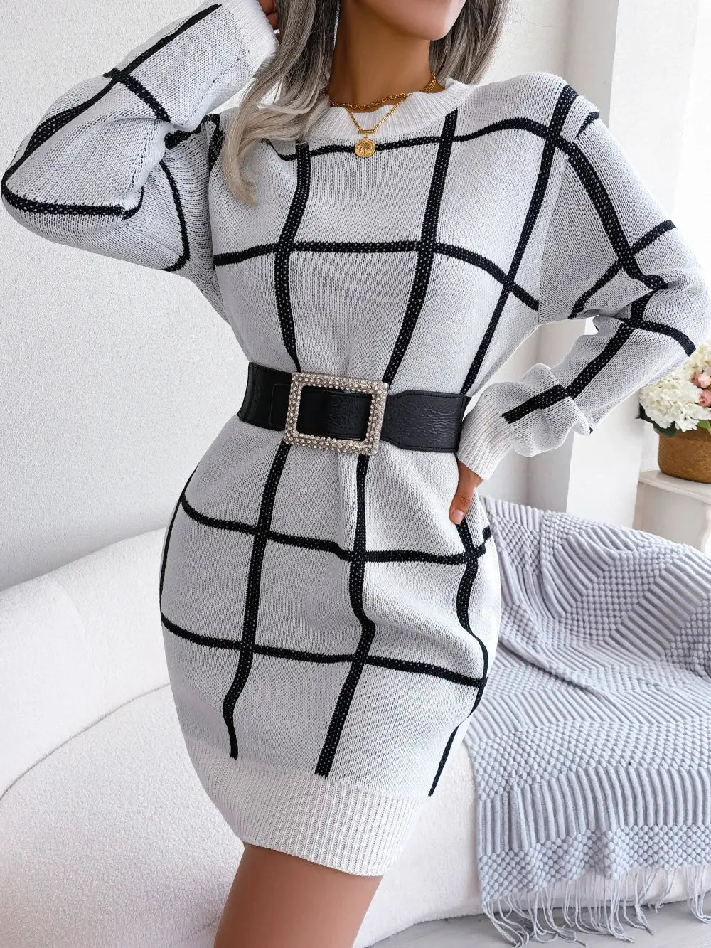 Women Casual Plaid Long Sleeve Knitted Sweater Dress 2023 Autumn Winter Clothes Without The Belt RosyasT