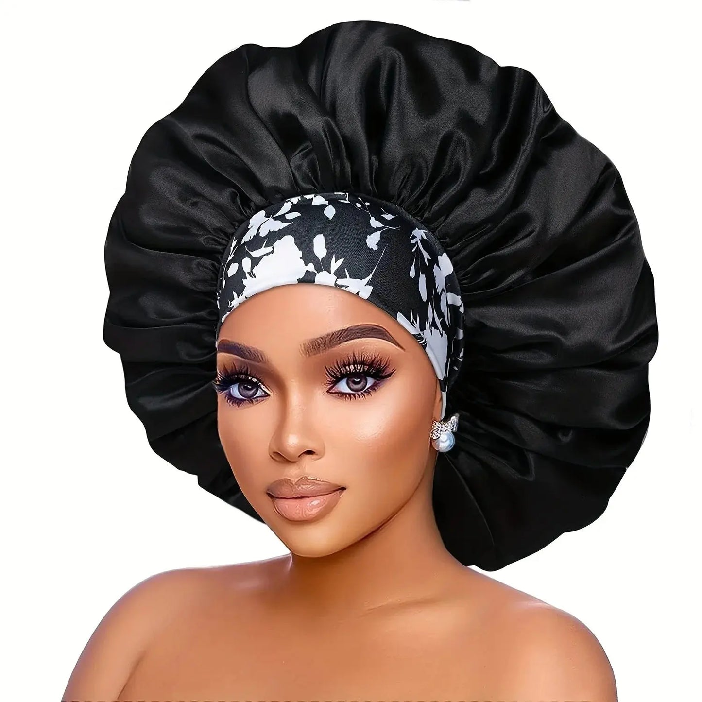 Women's Fashion Bonnet Flower Printed Hair Hat with Wide Edge Elastic Silk Smooth Satin Face for Daily Home Sleep Hat RosyasT
