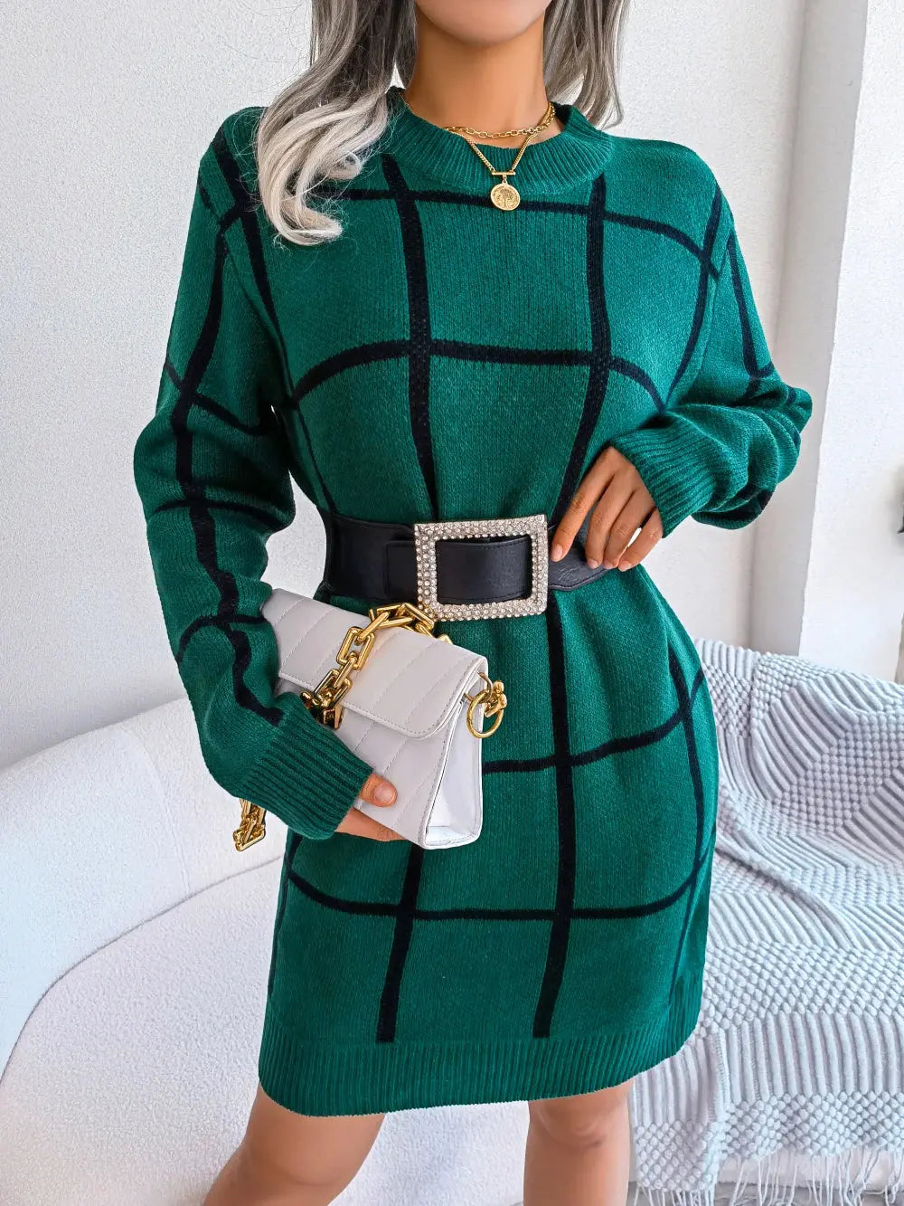 Women Casual Plaid Long Sleeve Knitted Sweater Dress 2023 Autumn Winter Clothes Without The Belt RosyasT