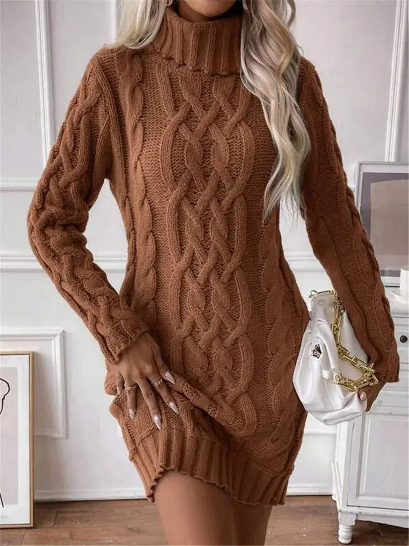 Women's Sweater Dress Autumn Winter New Slim Knit Dress Turtleneck Cable Pattern Long Sleeve Knitted Gown Dress RosyasT