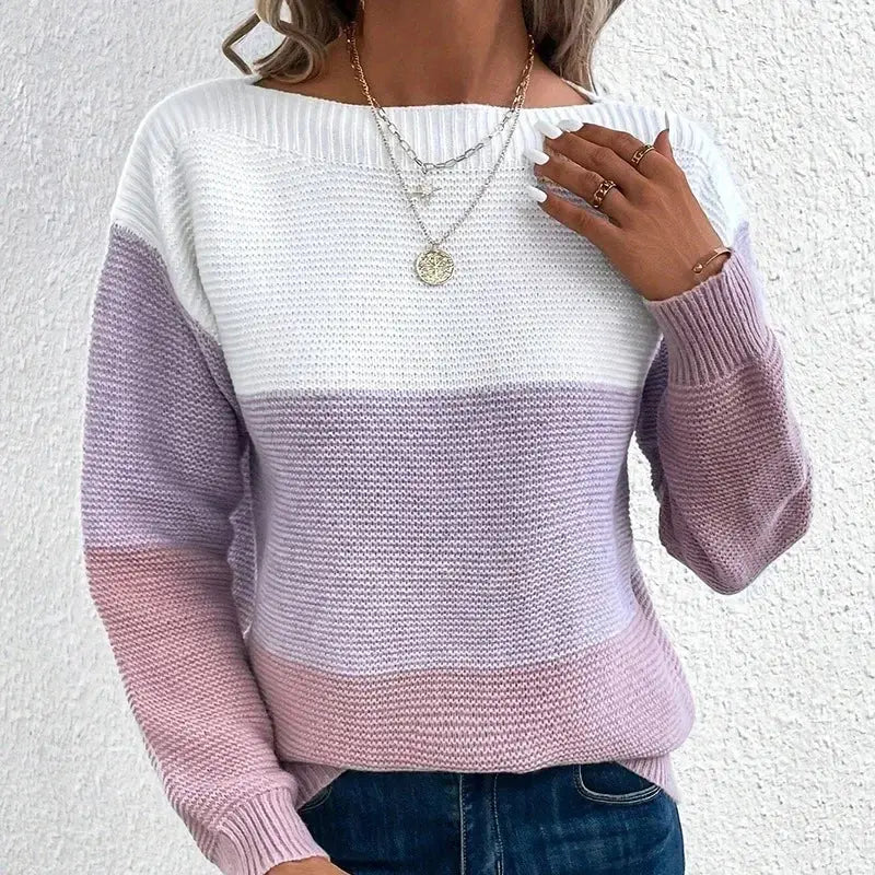 Women's Contrast Color Long Sleeve Round Neck Sweaters Female Stitching 2024 Fall Jumpers Lady Casual Warm Comfortable Pullover RosyasT