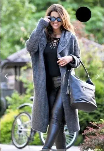 Autumn and Winter New Cardigan Long-sleeved Wool Solid Colour Knitted Long Top Jacket Woman RosyasT