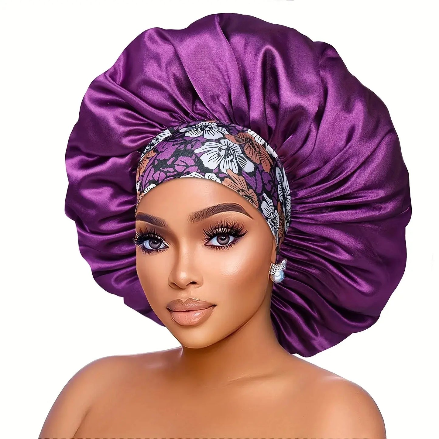 Women's Fashion Bonnet Flower Printed Hair Hat with Wide Edge Elastic Silk Smooth Satin Face for Daily Home Sleep Hat RosyasT