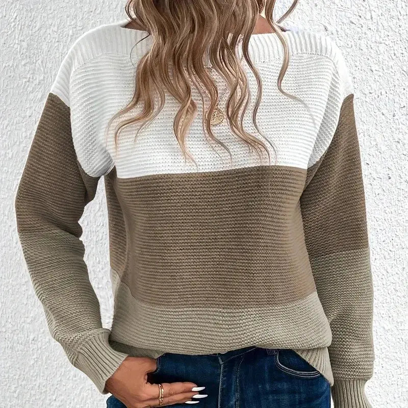 Women's Contrast Color Long Sleeve Round Neck Sweaters Female Stitching 2024 Fall Jumpers Lady Casual Warm Comfortable Pullover RosyasT