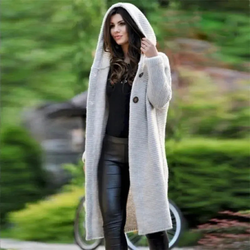 Autumn and Winter New Cardigan Long-sleeved Wool Solid Colour Knitted Long Top Jacket Woman RosyasT
