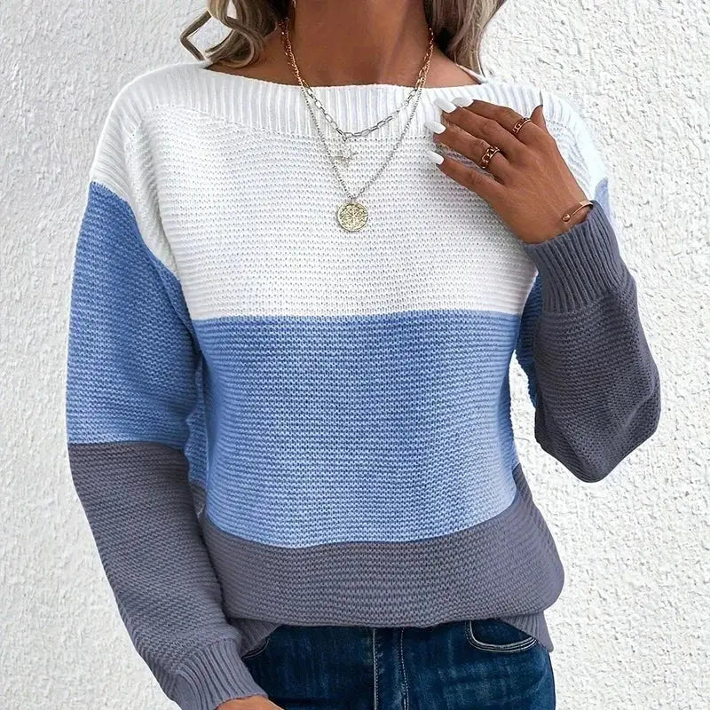 Women's Contrast Color Long Sleeve Round Neck Sweaters Female Stitching 2024 Fall Jumpers Lady Casual Warm Comfortable Pullover RosyasT