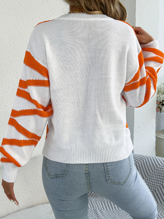 2025 Contrast Color Striped Sweater Lantern Long Sleeve Knitted Women