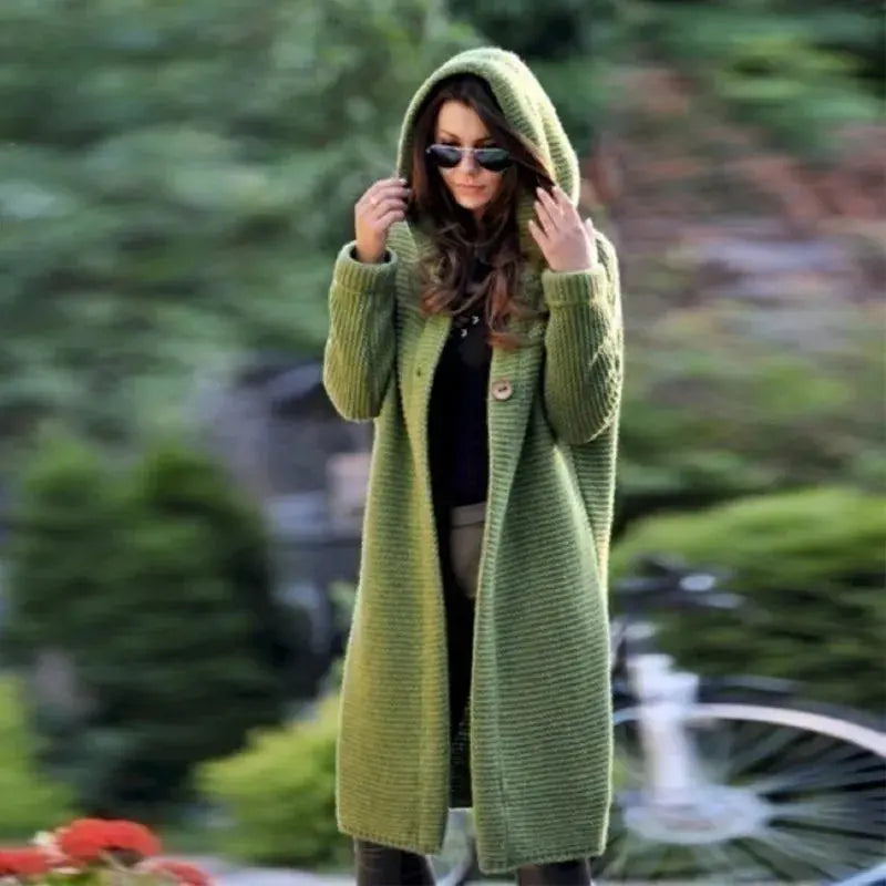 Autumn and Winter New Cardigan Long-sleeved Wool Solid Colour Knitted Long Top Jacket Woman RosyasT