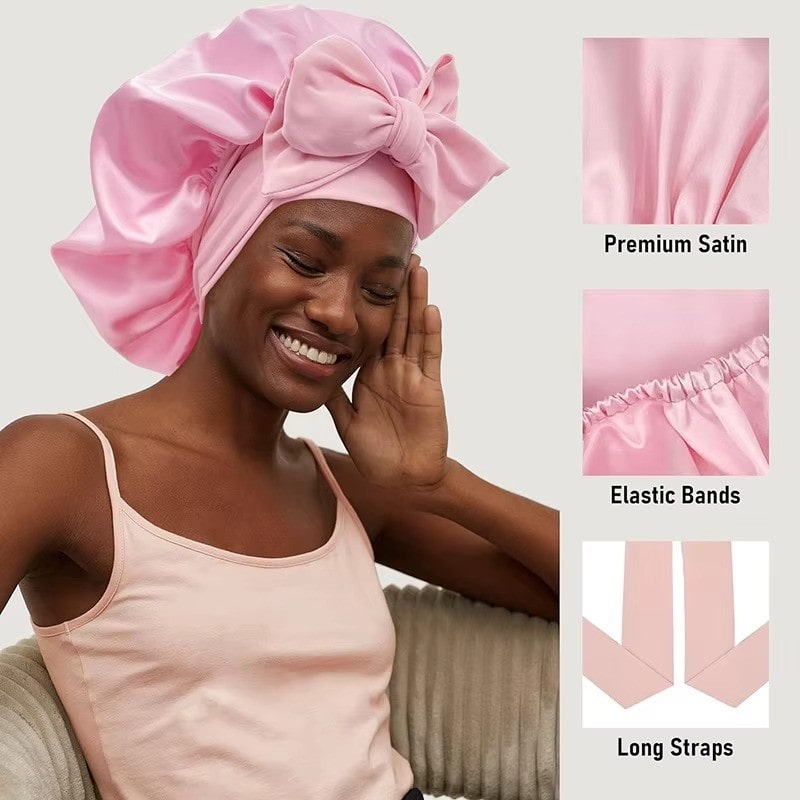 Adjustable Satin Bonnet with Tie Band for Sleeping RosyasT