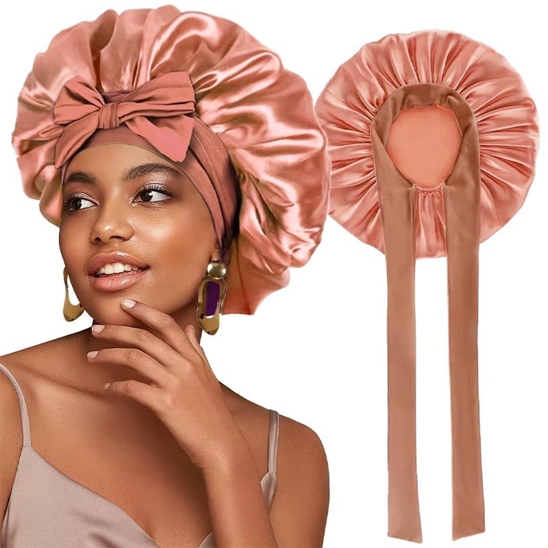 Adjustable Satin Bonnet with Tie Band for Sleeping RosyasT