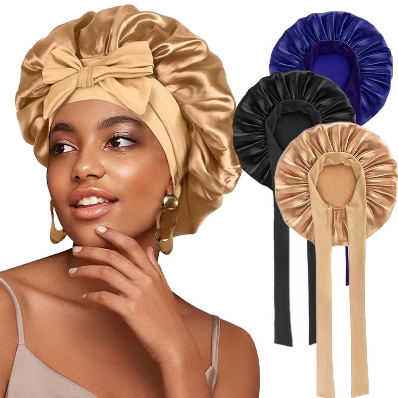 Adjustable Satin Bonnet with Tie Band for Sleeping RosyasT