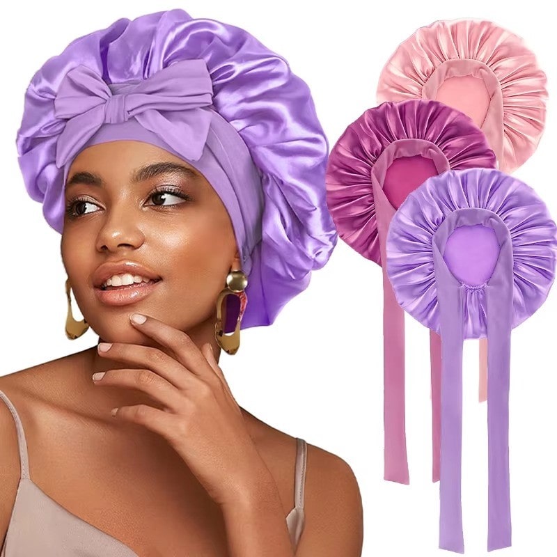 Adjustable Satin Bonnet with Tie Band for Sleeping RosyasT
