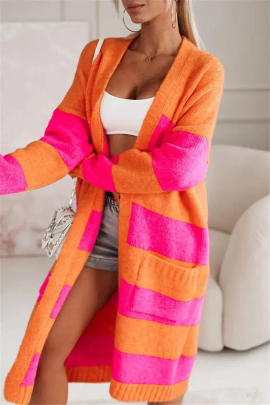 Casual Knitted Cardigan For Women Loose Long Sleeve Pocket Contrast Color Striped Extended Sweater Coat Autumn Winter New Style RosyasT