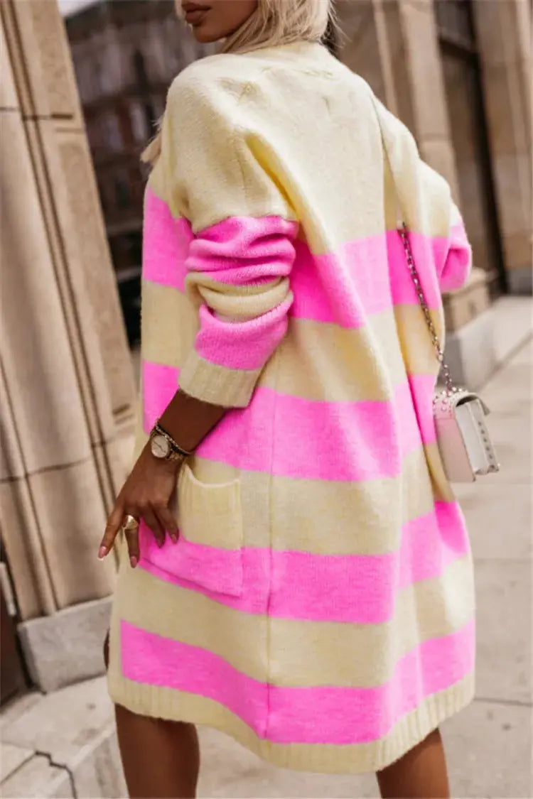 Casual Knitted Cardigan For Women Loose Long Sleeve Pocket Contrast Color Striped Extended Sweater Coat Autumn Winter New Style RosyasT