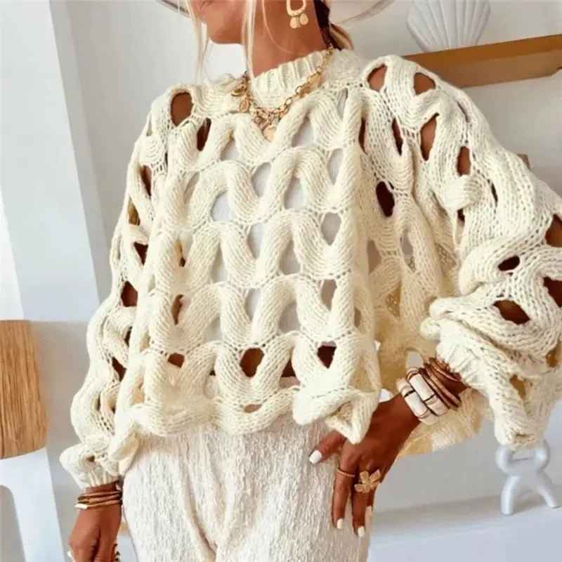 Elegant Crochet Hollow Out Sweater Autumn Winter Fashion Resort Blouses RosyasT