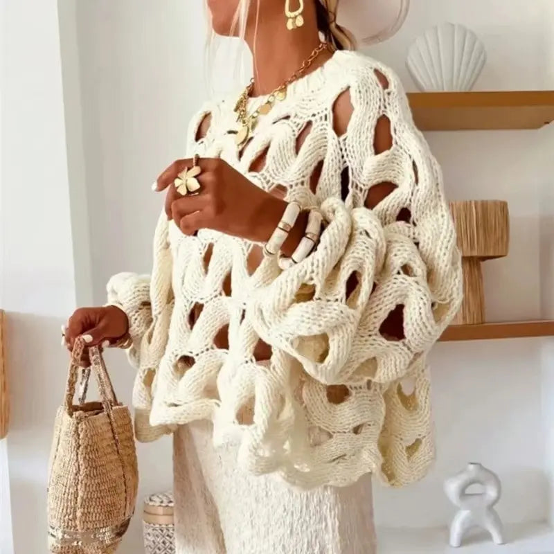 Elegant Crochet Hollow Out Sweater Autumn Winter Fashion Resort Blouses RosyasT