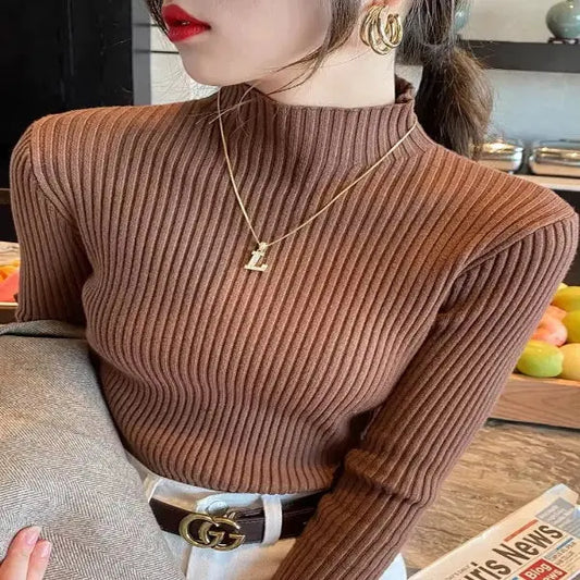 Elegant Basic Knitted Womens Sweater -Turtleneck Long Sleeve Casual Slim RosyasT