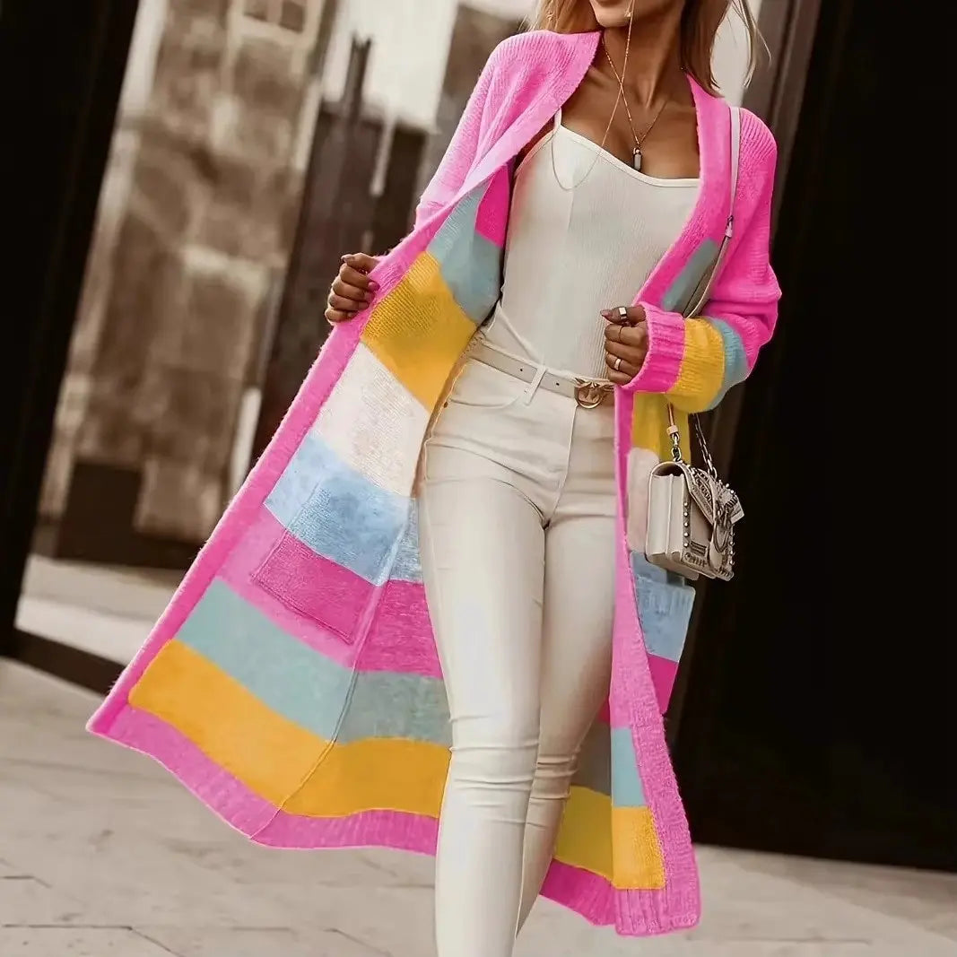 Sweater Pockets Cardigan - Women's knitting Jacket Striped Patchwork RosyasT