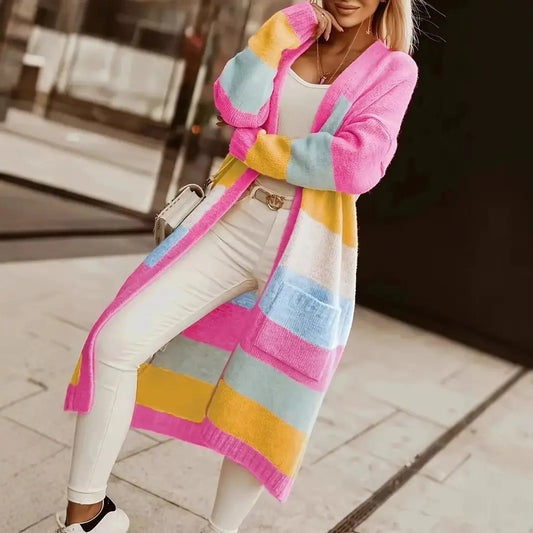 Sweater Pockets Cardigan - Women's knitting Jacket Striped Patchwork RosyasT