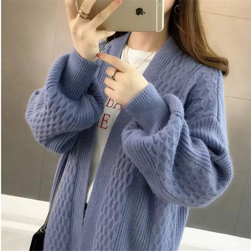 Oversized Knitted Cardigan V-neck Puff Long Loose Sleeves Solid Color for Women RosyasT
