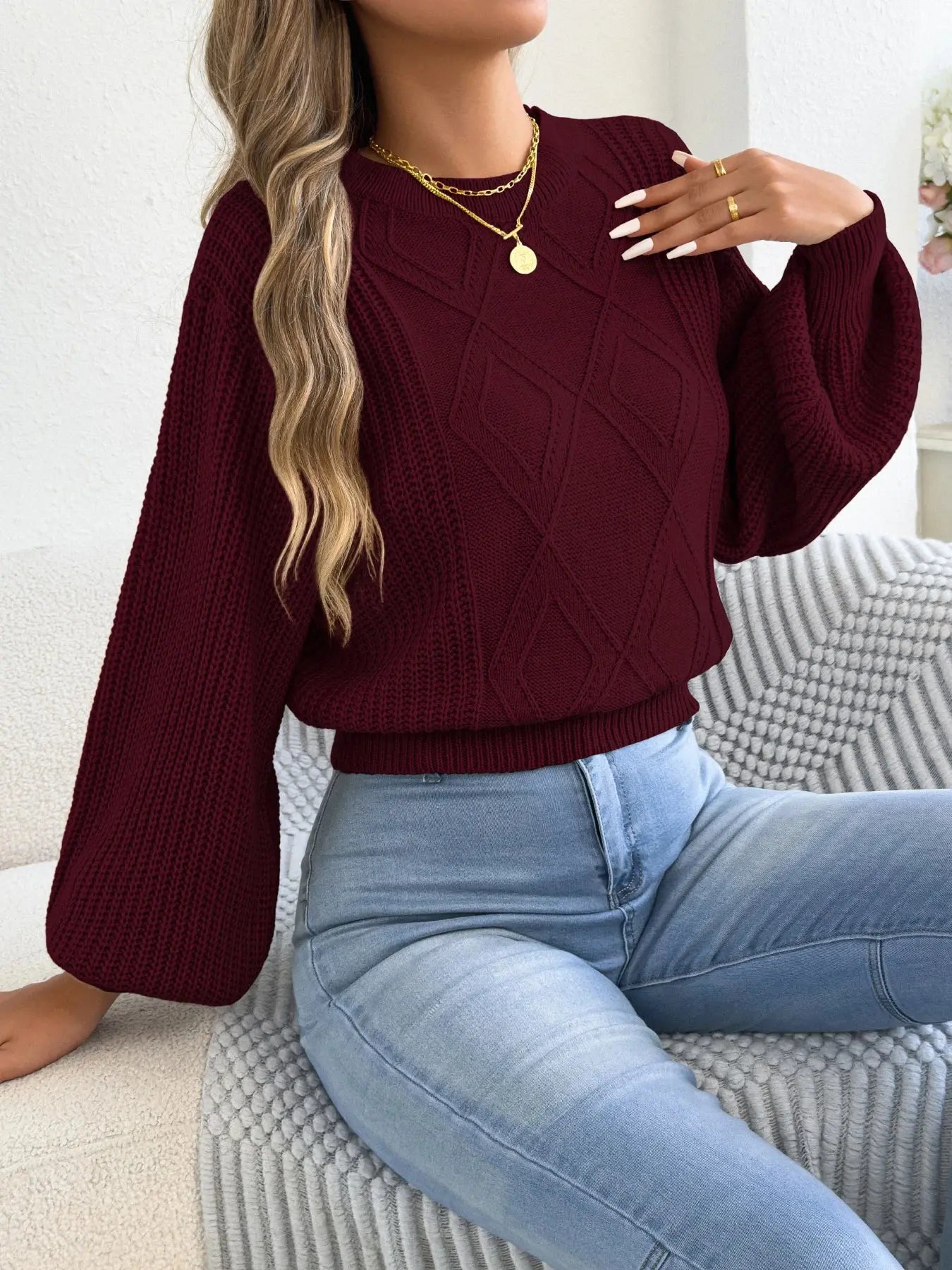 Women's Solid Color Round Neck Lantern Long Sleeve Knitted Sweaters for 2025 Autumn Winter Clothes Yellow Red Khaki RosyasT
