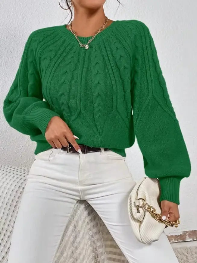 Solid Color Casual Knitted Sweater Round Neck Long Sleeve Thread Women's RosyasT