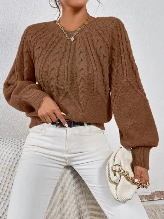 Solid Color Casual Knitted Sweater Round Neck Long Sleeve Thread Women's RosyasT