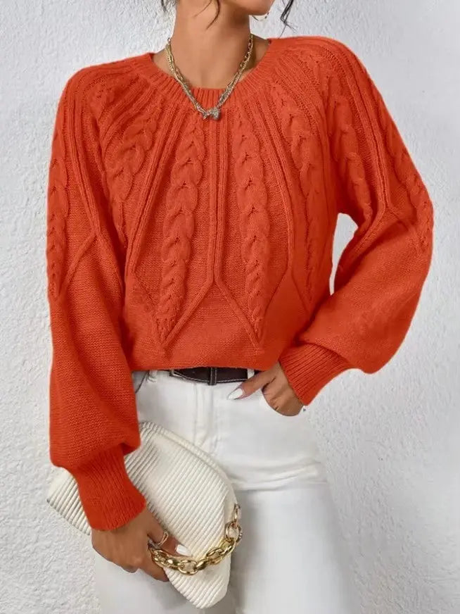 Solid Color Casual Knitted Sweater Round Neck Long Sleeve Thread Women's RosyasT