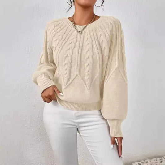 Solid Color Casual Knitted Sweater Round Neck Long Sleeve Thread Women's RosyasT