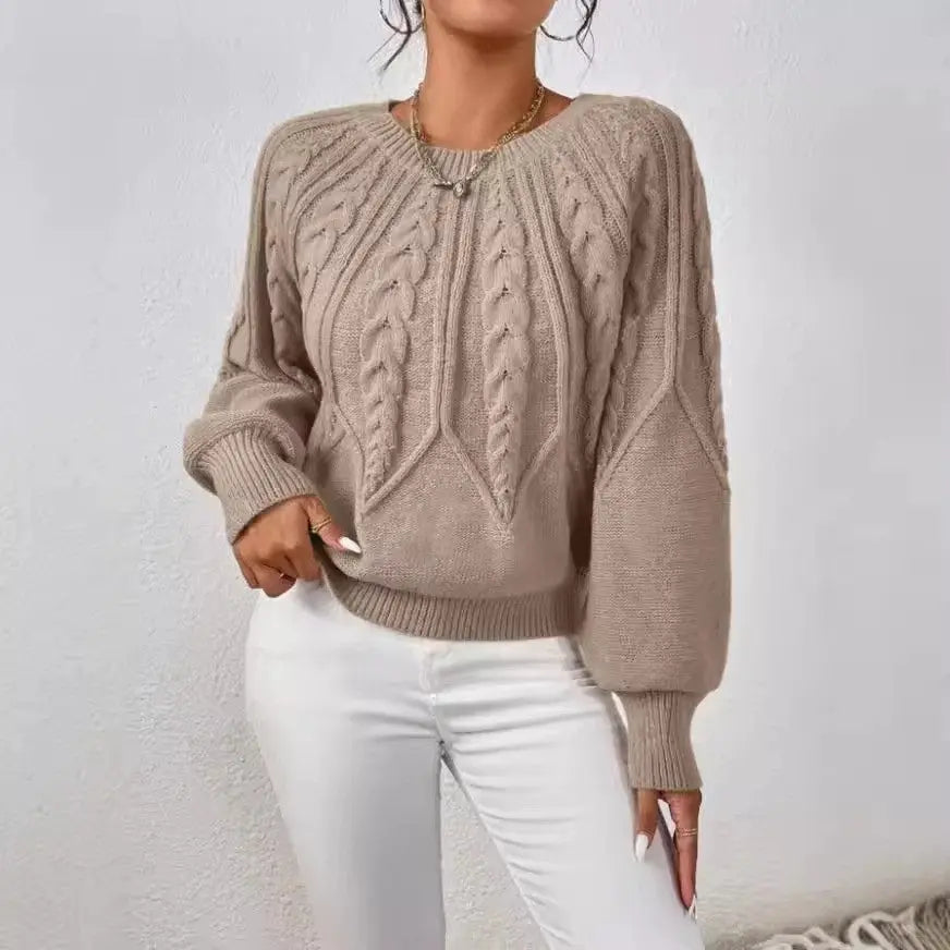 Solid Color Casual Knitted Sweater Round Neck Long Sleeve Thread Women's RosyasT